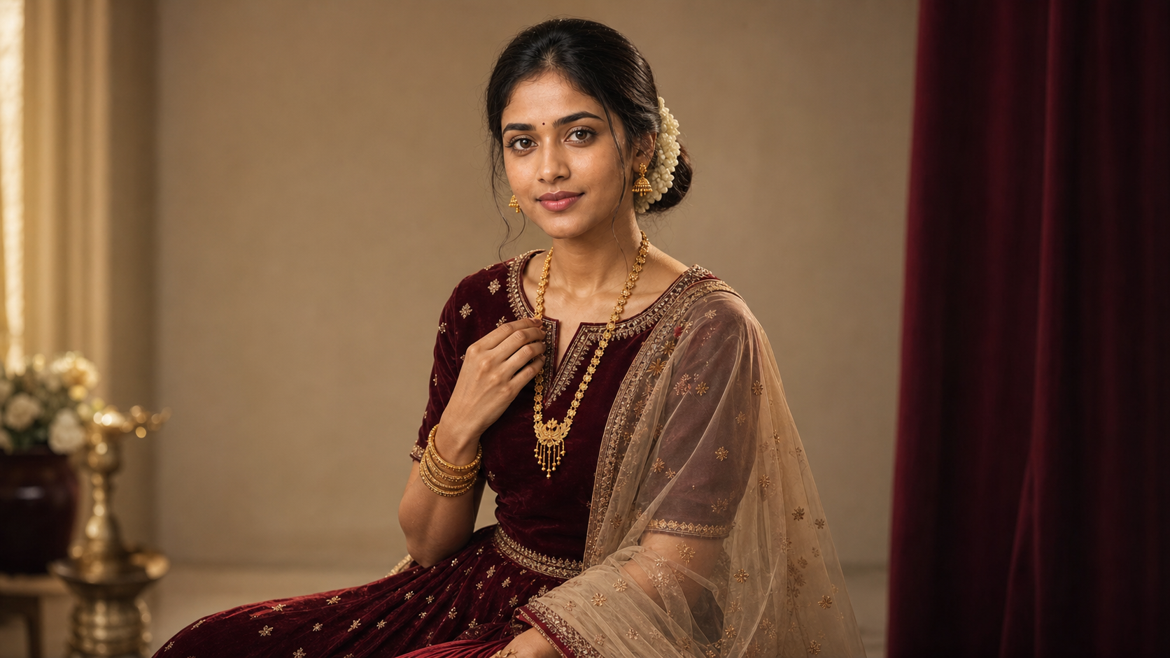 Nivetha in VKN Studio’s approved Oxblood Bridal Maalai campaign artwork