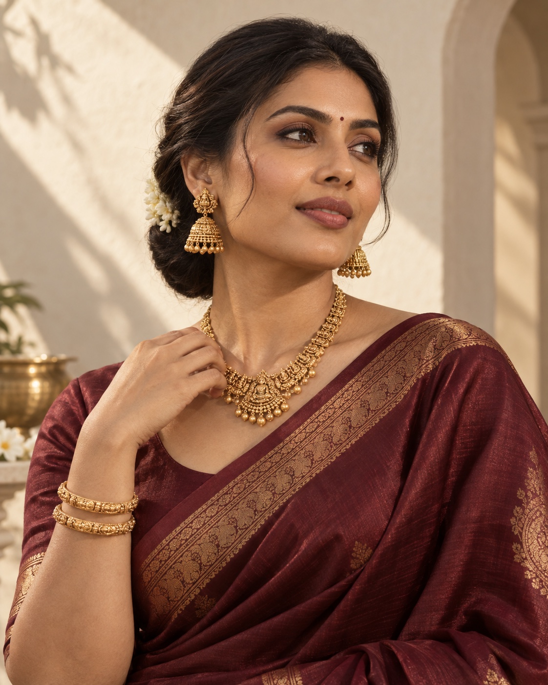 VKN campaign concept: traditional gold jewellery with rich wine-coloured silk